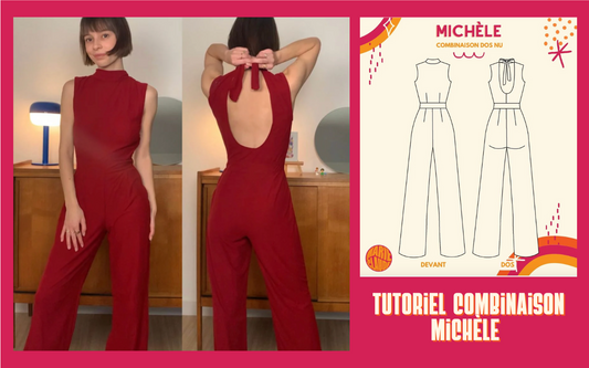 Chloé porte sa combinaison Michèle qu'elle a cousu dans un tissu rouge. 