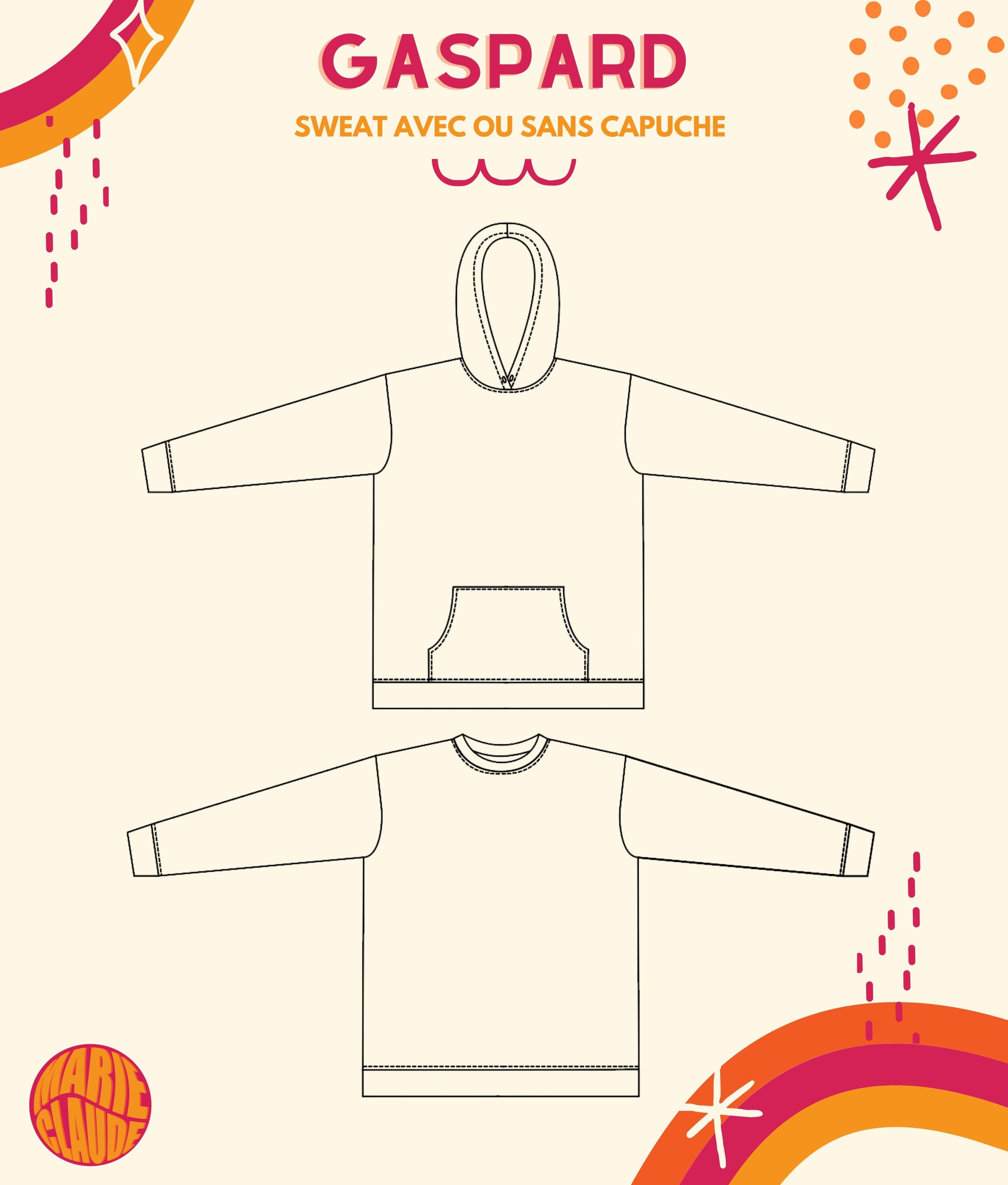 Patron-Sweat Mixte Gaspard. Niveau de couture débutant a intermédiaire. Patron Crée par la marque Marie claude qui permet d'apprendre à faire la couture. 